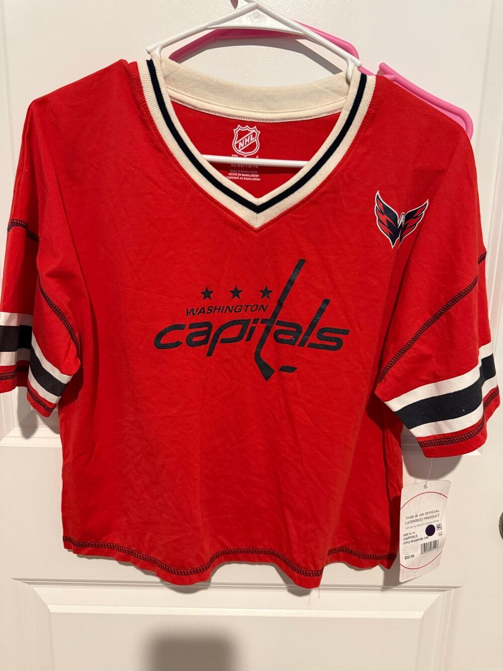 Washington Capitals NHL Girls XL 16 Red V-Neck Jersey Style Shirt NWT